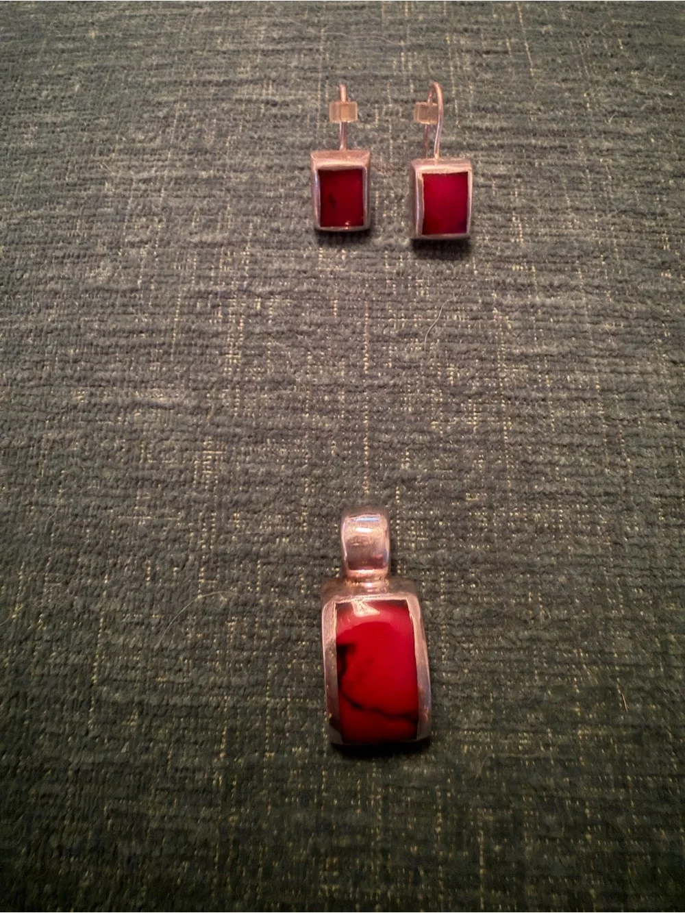 Sterling Silver Red Stone Pendant and Earrings Set